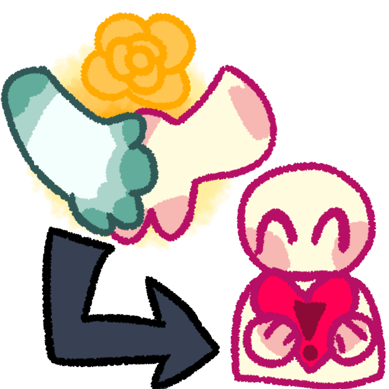 A blue hand and a pink hand are clasped together on a yellow background, with a yellow rose above them. Underneath is a gray arrow, which points to the right at a pink person with a smiling expression, holding a bright pink heart with an exclamation mark on it.